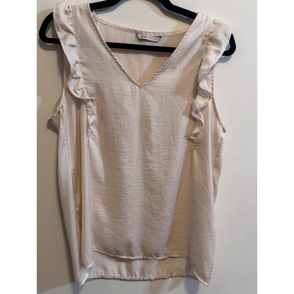 TARYM Pale Pink Textured Blouse Ruffle Sleeve VNeck Romantic Feminine Layering M - Picture 4 of 4